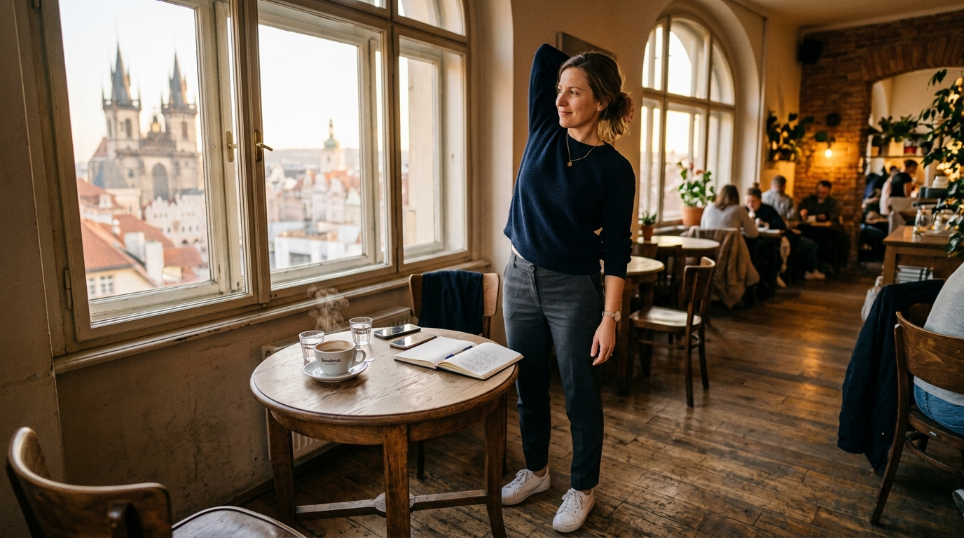 Žena se v kavárně lehce protahuje vedle stolu s otevřeným zápisníkem.