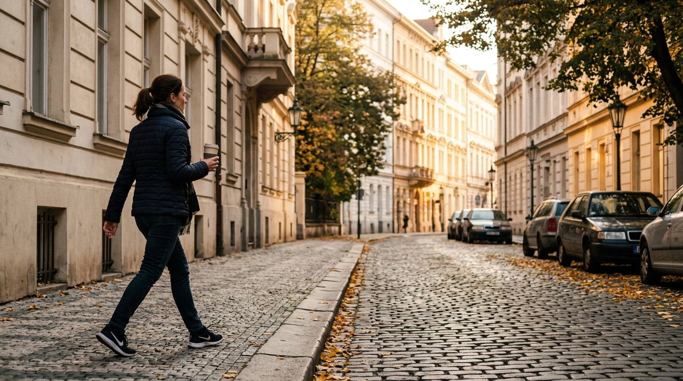 Žena prochází ranní pražskou ulicí v Karlíně s kávou v ruce.