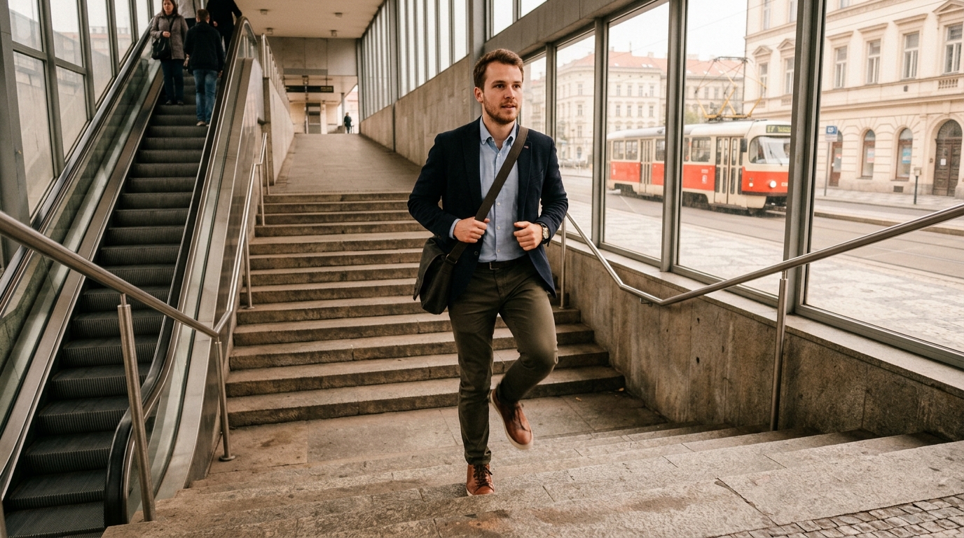 Muž stoupá po kamenných schodech v přestupní stanici místo eskalátoru.